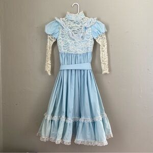 Vtg. Girls Blue Lace Prairie Edwardian 1970s Ruffled Square Dance Circle Dress